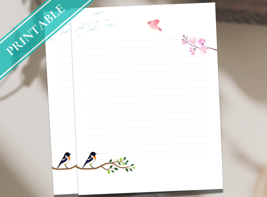 Love Birds Playing Adorable Printable Stationery Paper - Journal Paper, Letter, Note | Love Birds Cherry Blossom