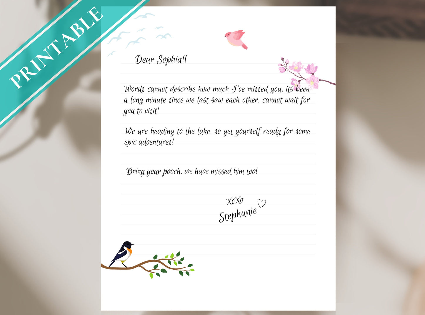 Love Birds Playing Adorable Printable Stationery Paper - Journal Paper, Letter, Note | Love Birds Cherry Blossom