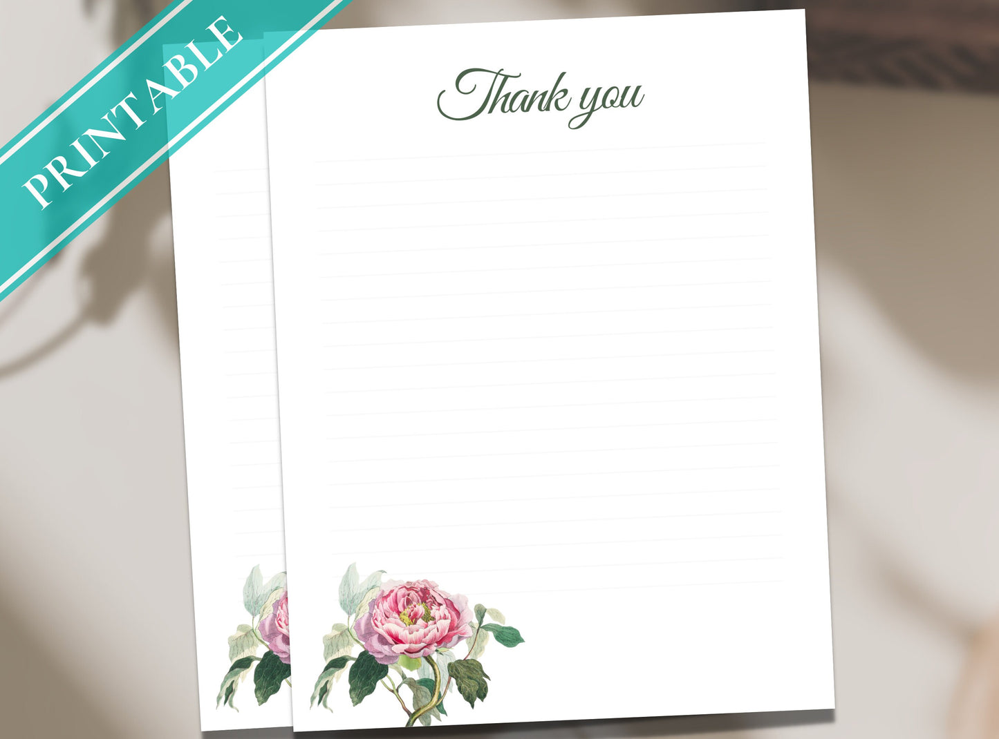 Vintage Rose Thank You Writing Paper - Printable Stationery Journal Paper, Letter, Note, Lined Paper | Florals | Thank You Note