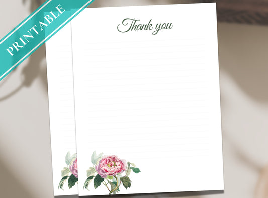 Vintage Rose Thank You Writing Paper - Printable Stationery Journal Paper, Letter, Note, Lined Paper | Florals | Thank You Note