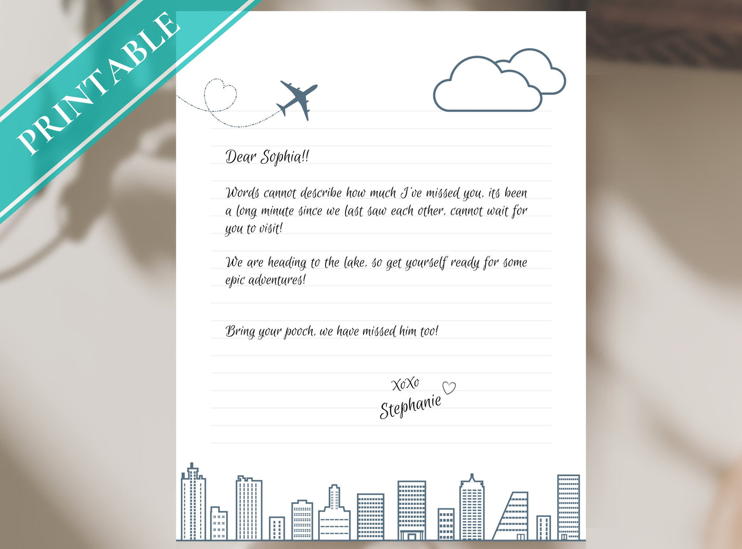City Skyline Modern Letter Writing Paper - Printable Stationery Paper - Journal Paper, Letter, Note, Lined Paper | Cityscape