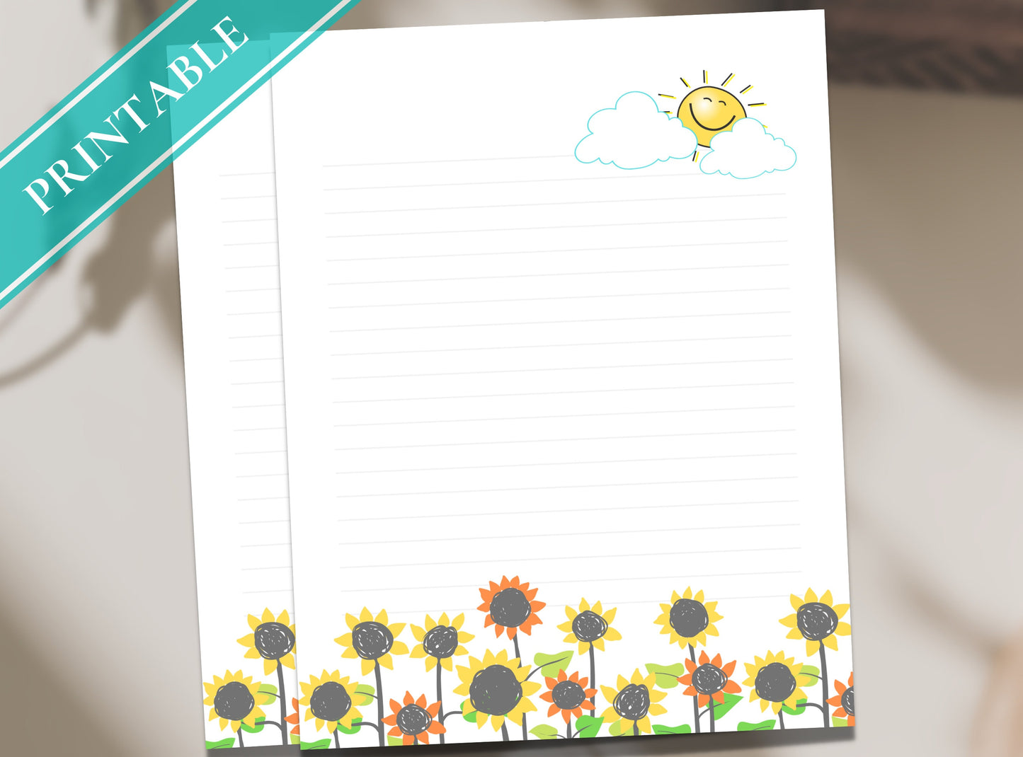 Happy Sunshine Sunflower Printable Stationery Paper - Journal Paper, Letter, Note, Lined Paper, Good Notes, Thank You | Happy