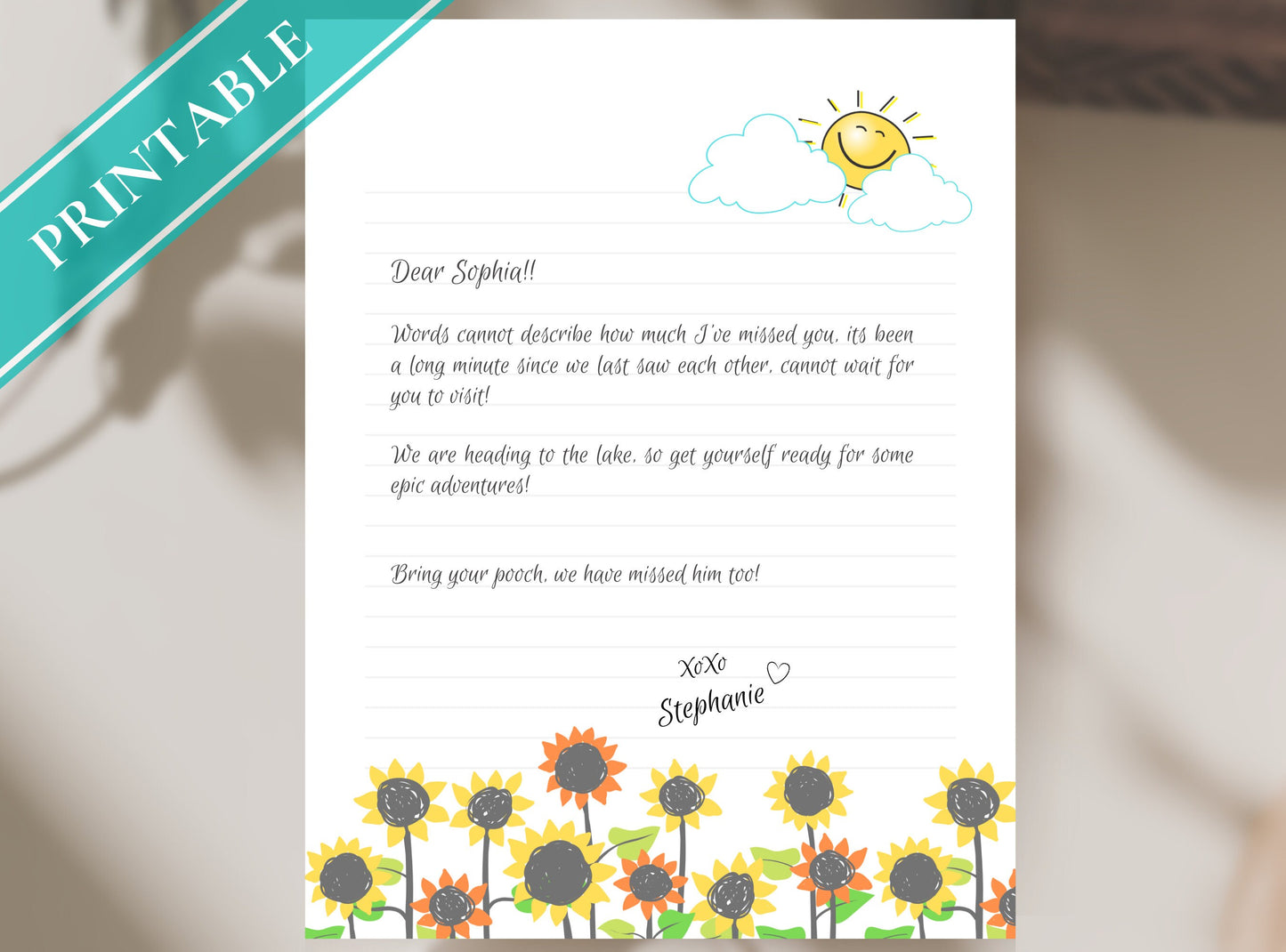 Happy Sunshine Sunflower Printable Stationery Paper - Journal Paper, Letter, Note, Lined Paper, Good Notes, Thank You | Happy
