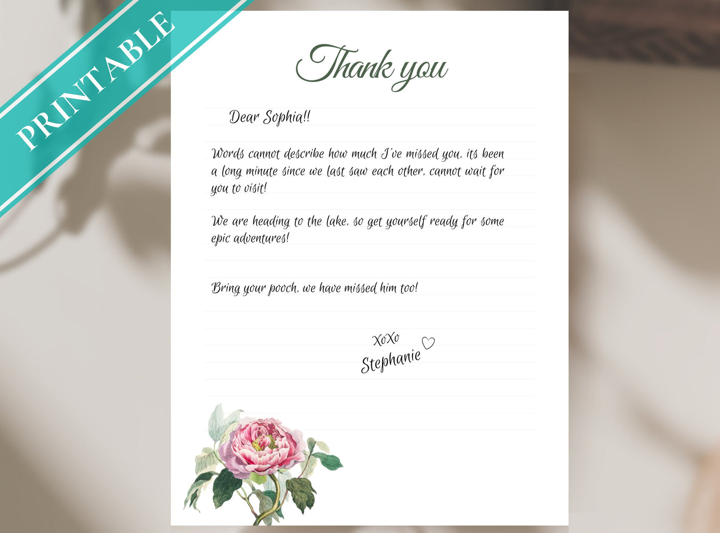 Vintage Rose Thank You Writing Paper - Printable Stationery Journal Paper, Letter, Note, Lined Paper | Florals | Thank You Note