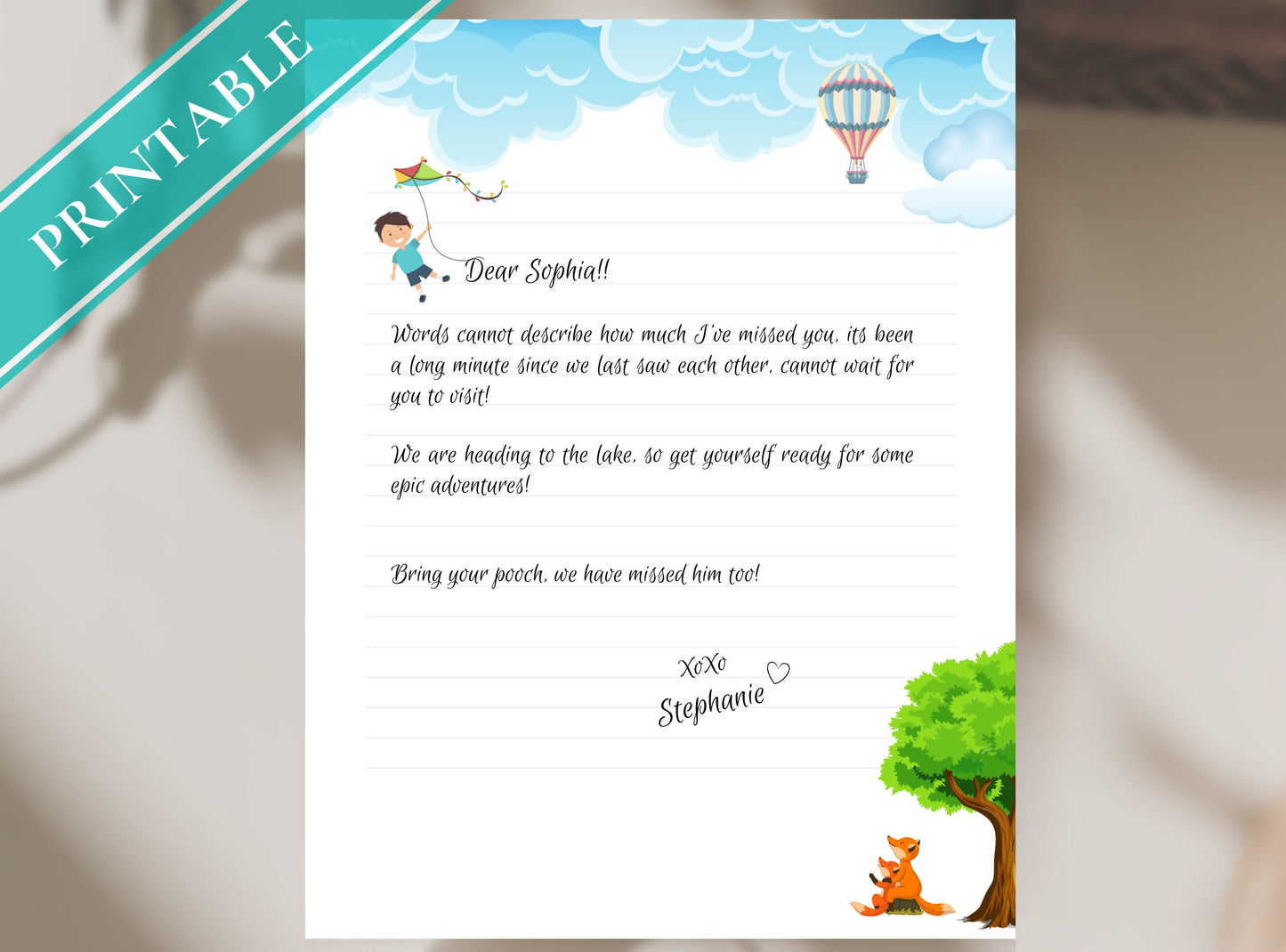 Kids Friendly Letter Writing Paper - Printable Stationery - Journal Paper, Letter, Teachers Note, Thank You, Lined Paper | Flying Kite