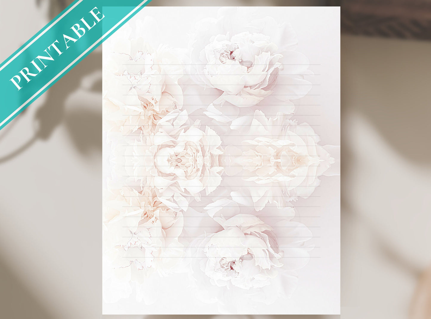 Peonies Light Printable Stationery Paper - Journal Paper, Letter, Note, Lined Paper | Florals | Peony