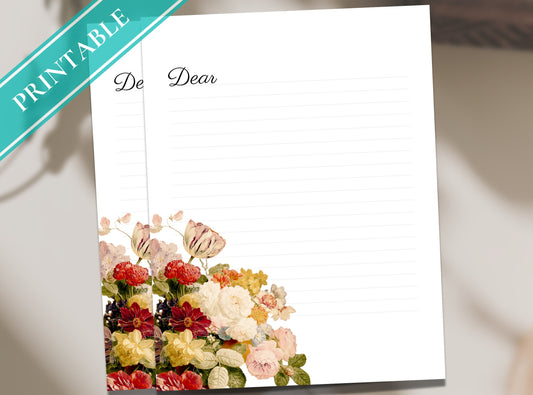Vintage Flowers Printable Stationery Paper - Journal Paper, Letter, Note, Lined Paper, GoodNotes | Vintage Florals