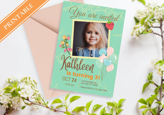 Kids Birthday Party Invitation Template - Toddler, Girls, Kids Digital Invite, Photo Invite, Evite - Balloons
