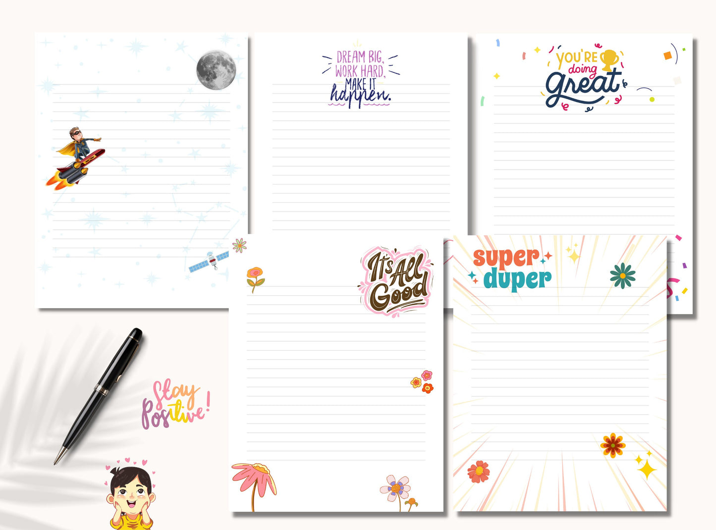 Positive Teachers' Notes Printable Stationery Paper Bundle - Student Notes, Encouragement, Journal Paper, Letter, Lined Paper | Good Vibes