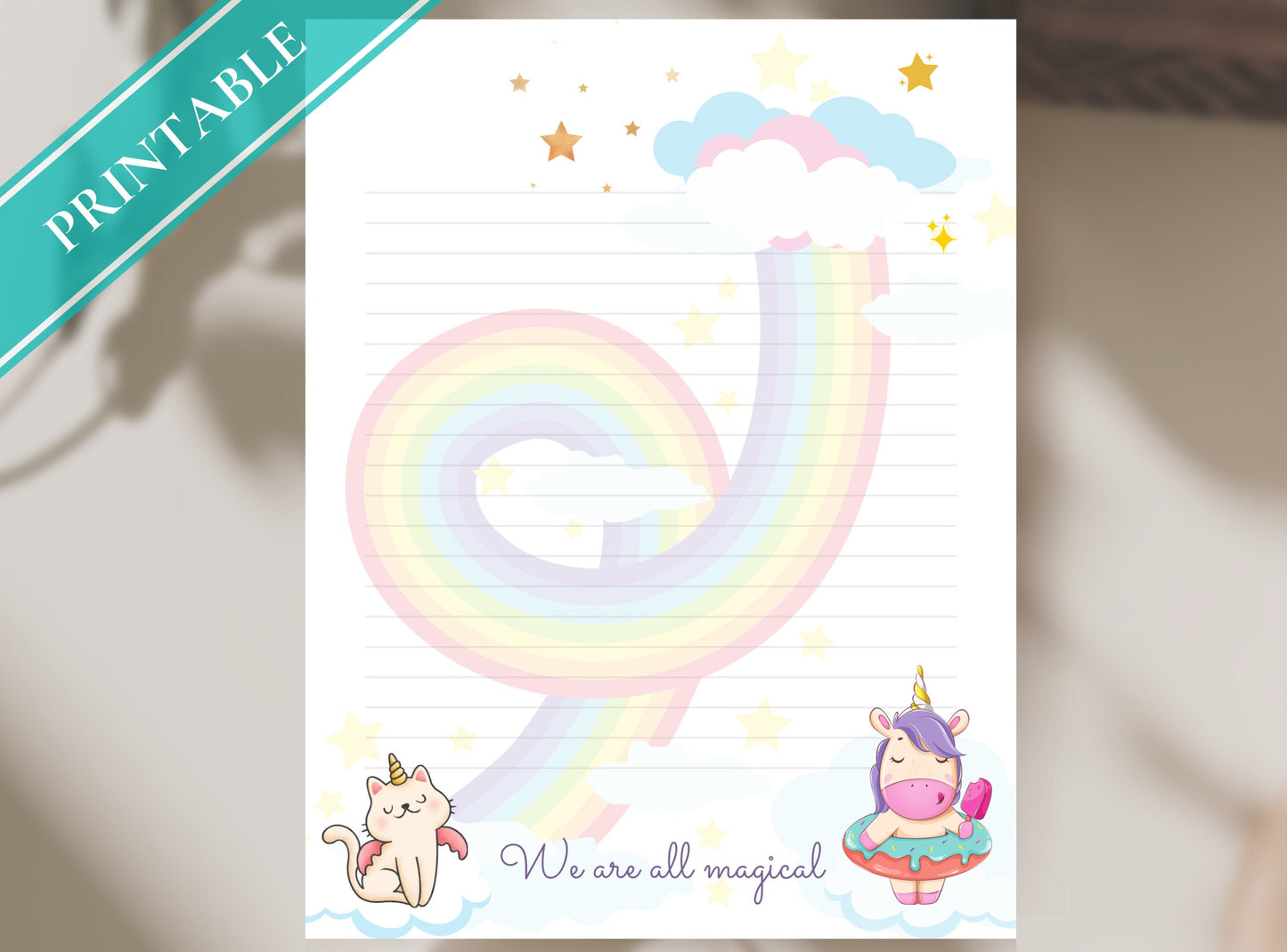 Cute Rainbow Unicorn Kitty Printable Stationery Paper - Journal Paper, Letter, Note, Lined Paper, GoodNotes | We are all Magical