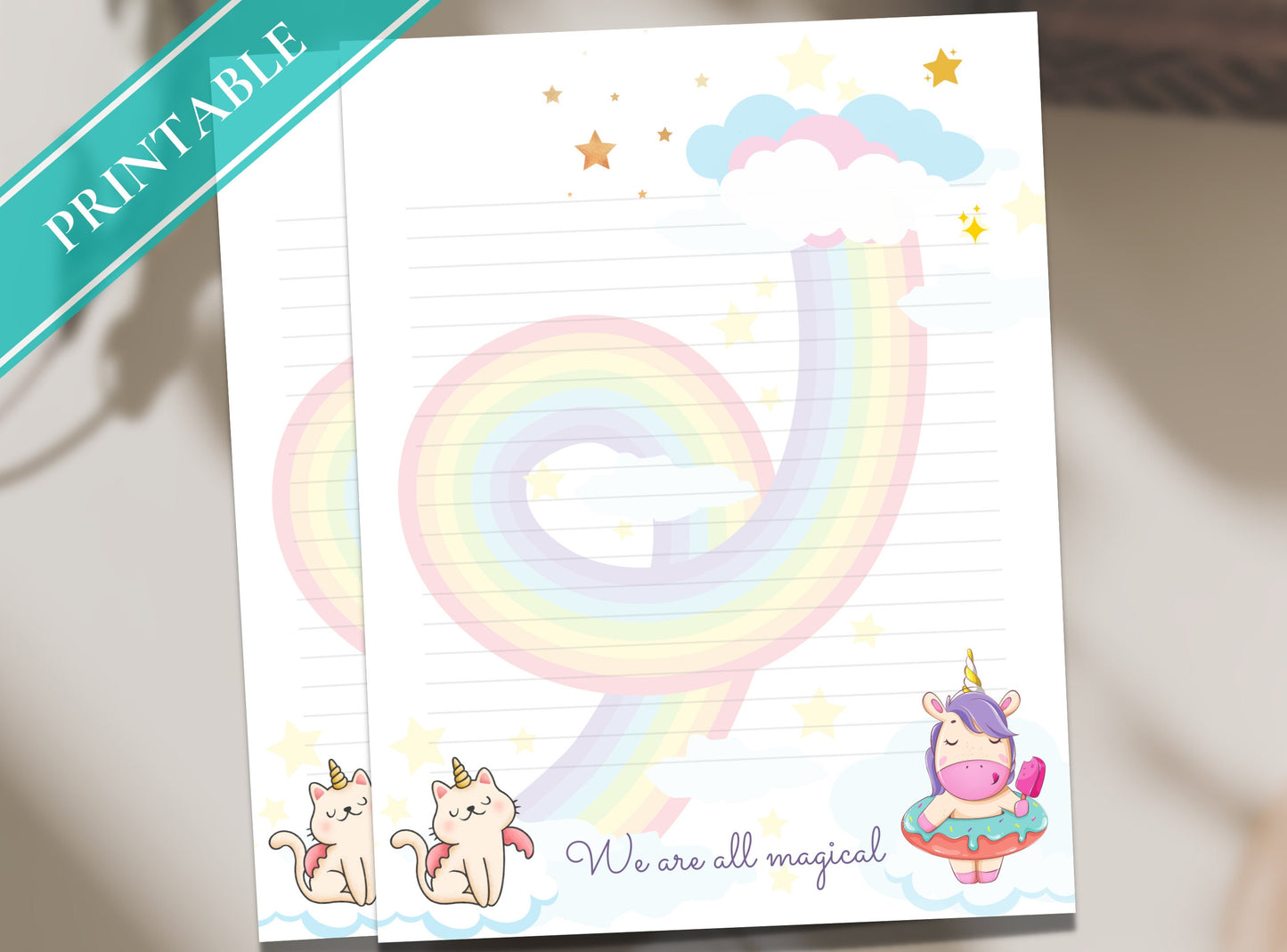 Cute Rainbow Unicorn Kitty Printable Stationery Paper - Journal Paper, Letter, Note, Lined Paper, GoodNotes | We are all Magical