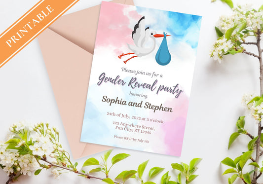 GENDER REVEAL Party Invitation - Baby Shower Party Invite, Blue and Pink, Baby Sex Reveal Party | Flying Stork/Crane