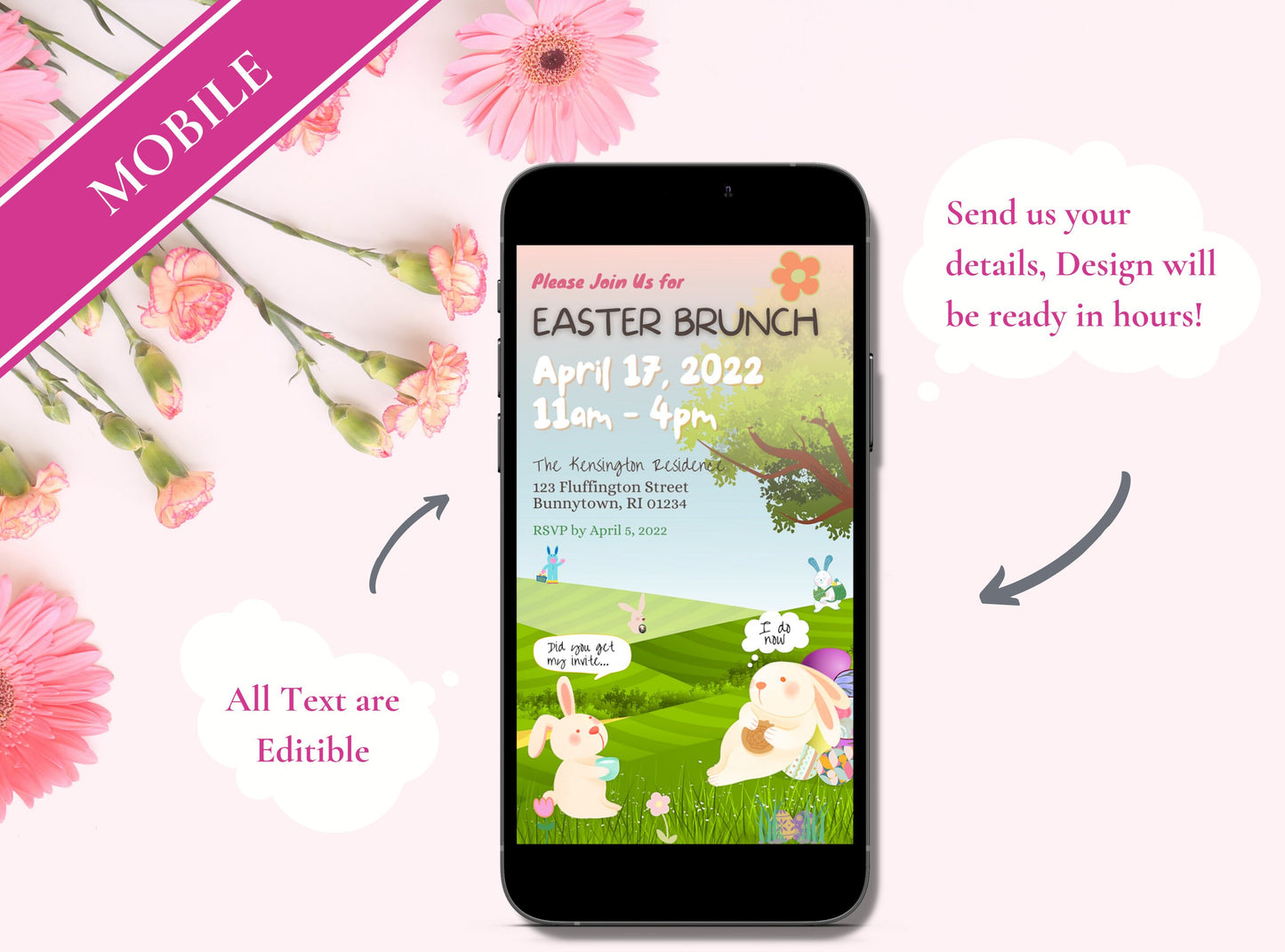 Easter Brunch Invite - Easter Bunny Sunday Cartoon Party Mobile Evite Egg Hunt Party Invitation | Funny Easter Invite