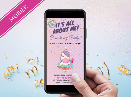 UNICORN Birthday Party Invitation - Celebration Party Mobile Invite Fabulous Birthday Pink, Purple Evite, Phone Invite | It's all about Me