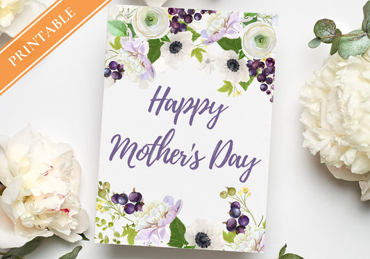 Purple Florals Mother's Day Card - Happy Mother's Day - Mom Greeting Card