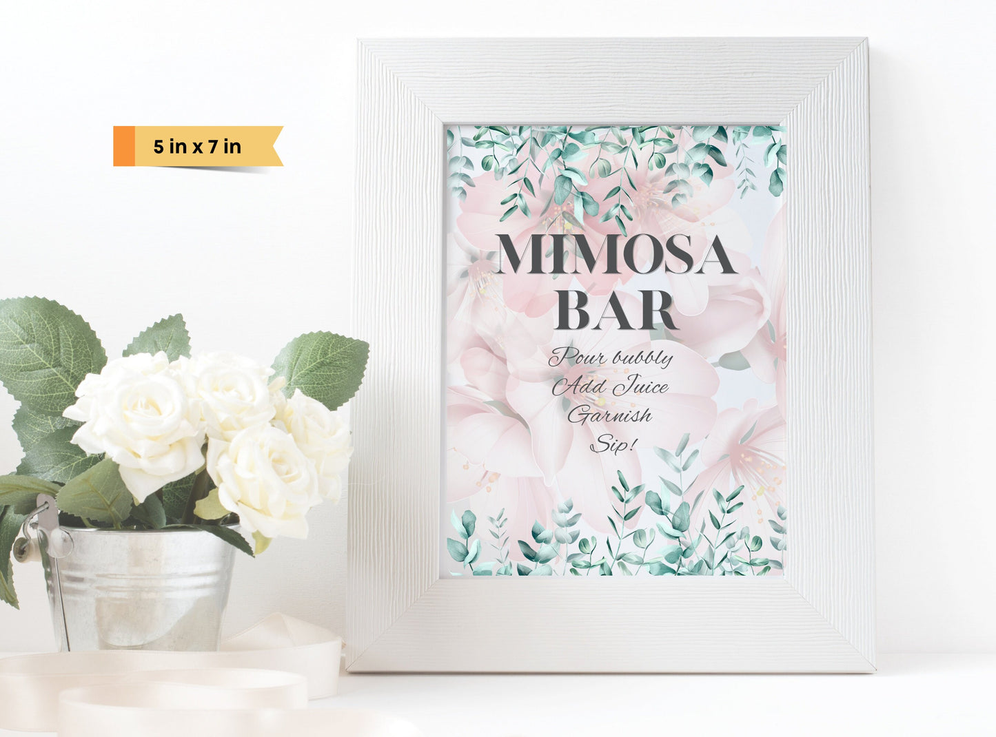 Mimosa Bar Sign - Bubbly Bar Sign, Champagne, Open Bar Wedding Bar Printable Sign - Pink Florals Blossoms Drinks Menu Sign