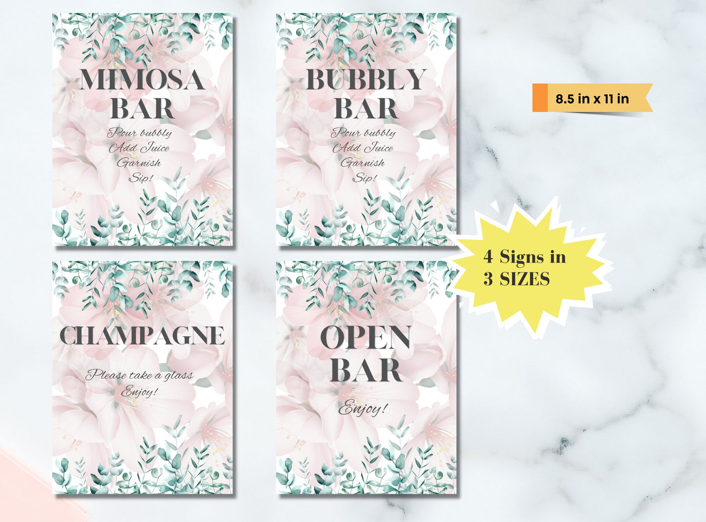 Mimosa Bar Sign - Bubbly Bar Sign, Champagne, Open Bar Wedding Bar Printable Sign - Pink Florals Blossoms Drinks Menu Sign