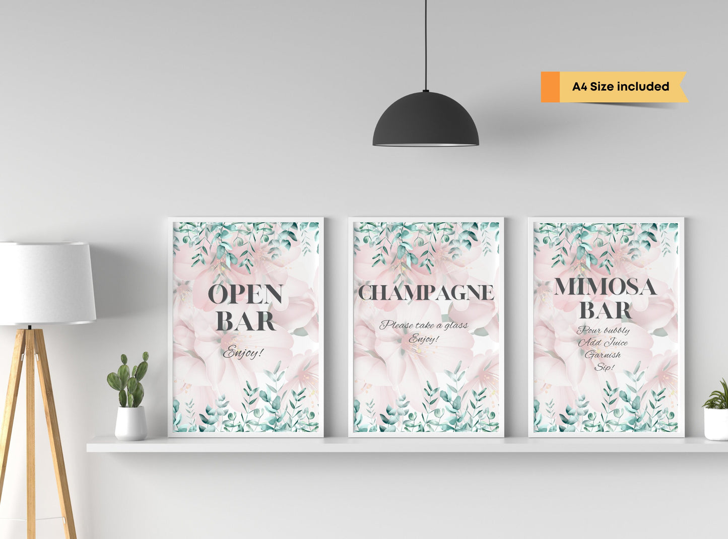 Mimosa Bar Sign - Bubbly Bar Sign, Champagne, Open Bar Wedding Bar Printable Sign - Pink Florals Blossoms Drinks Menu Sign