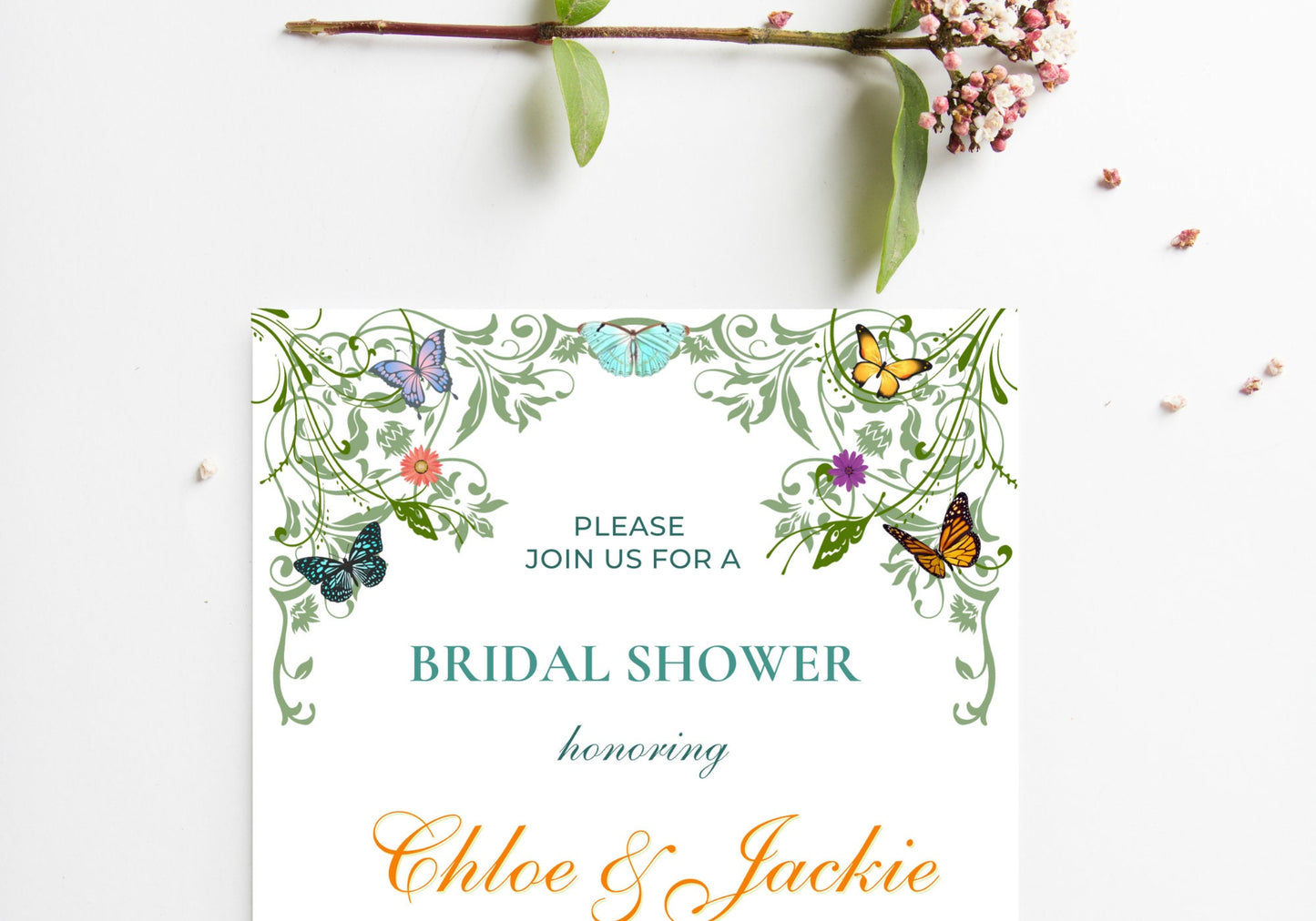 Butterfly BRIDAL Shower Party Invitation TEMPLATE - BABY Shower, Bridal Party Invite | Butterflies with Floral Greenery Motif