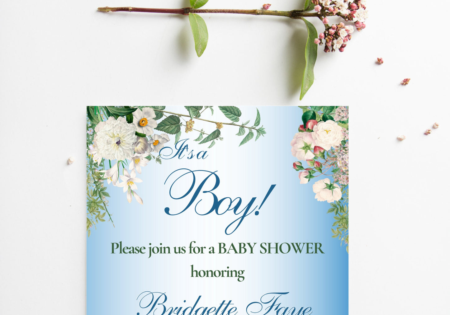 BABY BOY Shower Party Invitation Template - Baby Reveal BABY Shower Invite | Beautiful White Florals Baby Blue