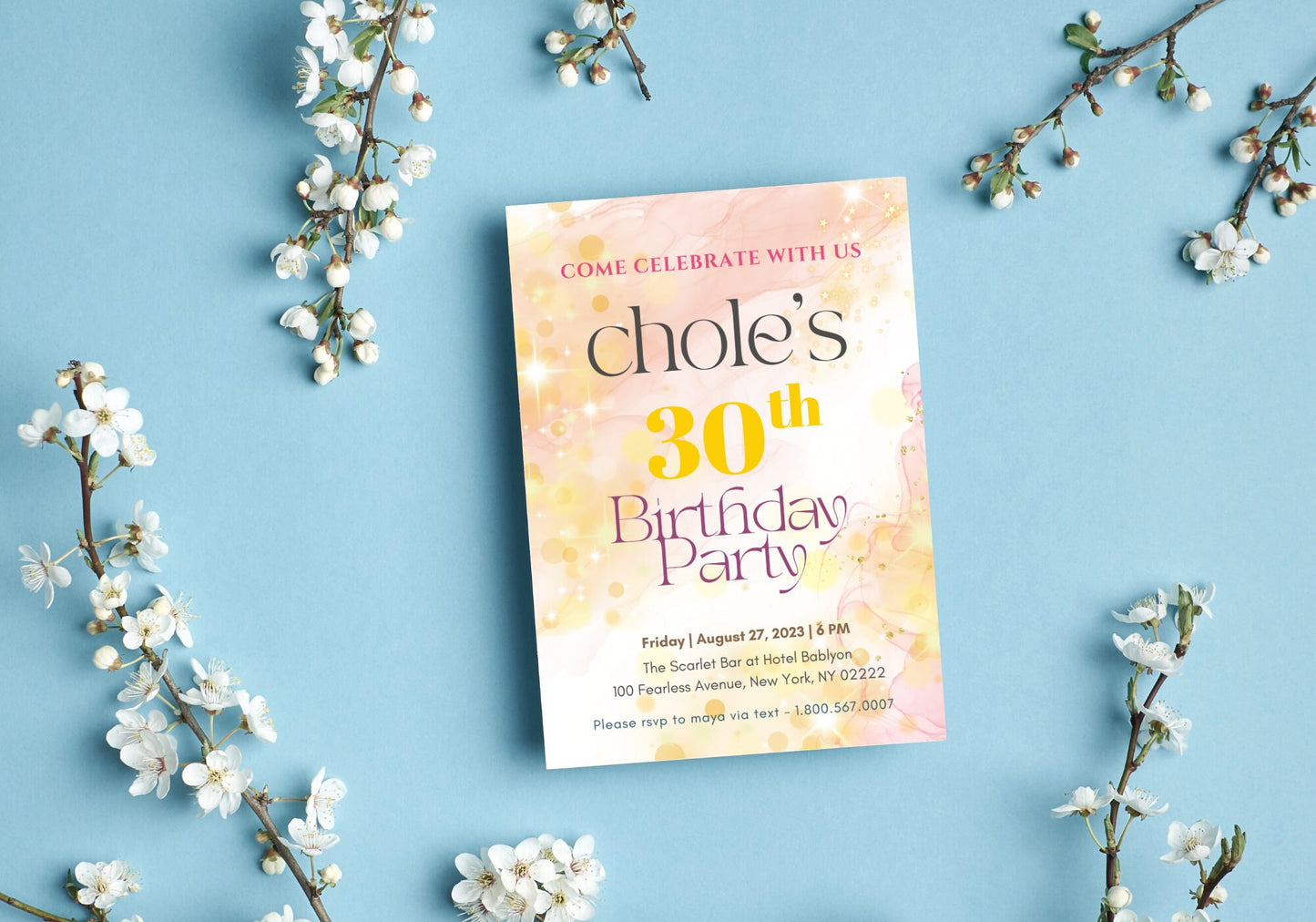30th Party Invite Starry Alcohol Ink Birthday - 30th 40th 50th Birthday Dreamy Pink Peach Stars Glitter Gold Confetti