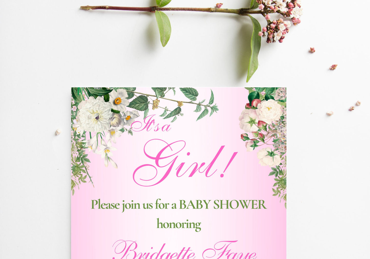 BABY GIRL Shower Party Invitation Template - Baby Reveal BABY Shower Invite First Born | Beautiful White Florals in Pink