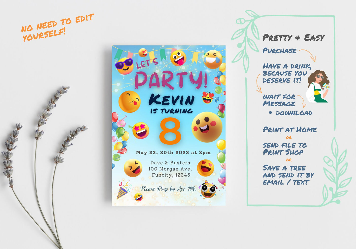 Cute Happy Emojis Birthday Invite - Kids Birthday Invitation, Turning 8, Children's invites - Let's Party Smiley Faces Emojis Party Invite
