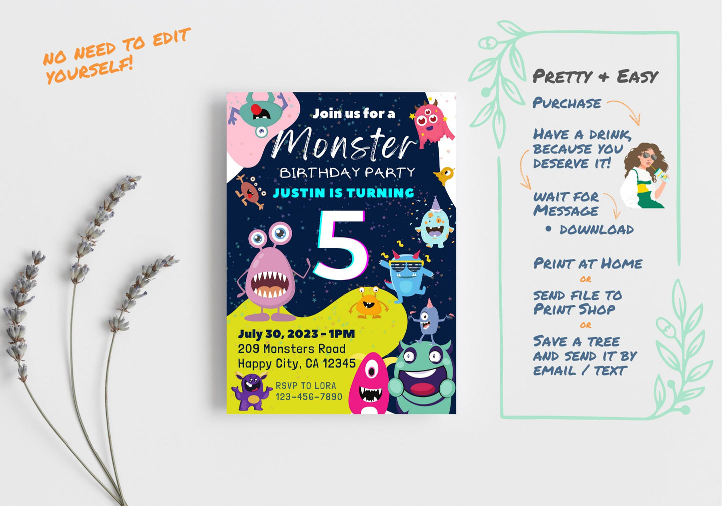 Cute Monsters Birthday Invite - Kids Birthday Invitation, Turning 5, Children's invites - Monster Bash Party Invite