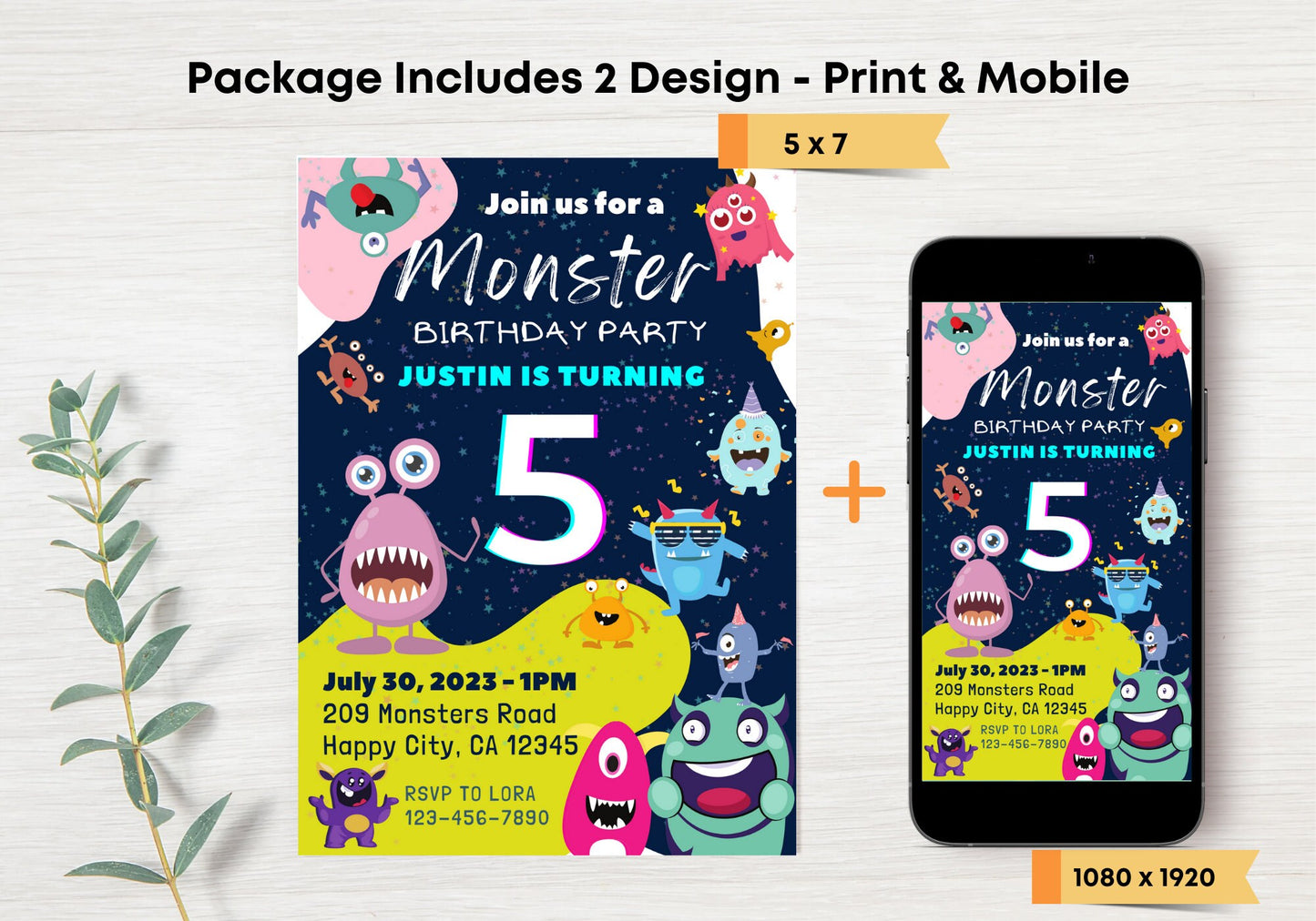 Cute Monsters Birthday Invite - Kids Birthday Invitation, Turning 5, Children's invites - Monster Bash Party Invite