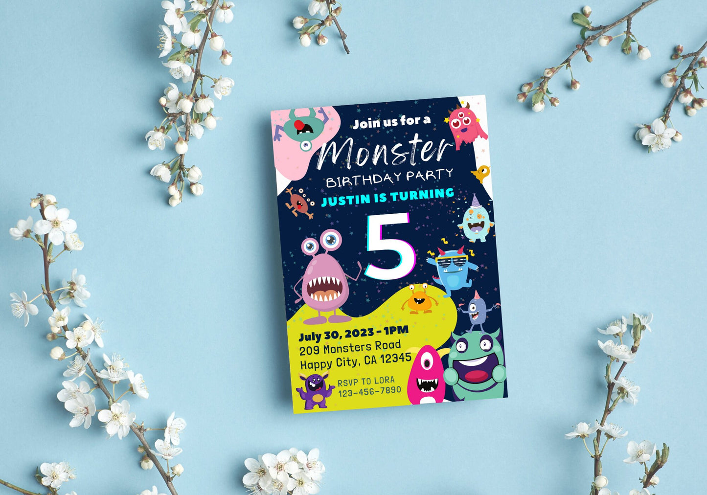 Cute Monsters Birthday Invite - Kids Birthday Invitation, Turning 5, Children's invites - Monster Bash Party Invite