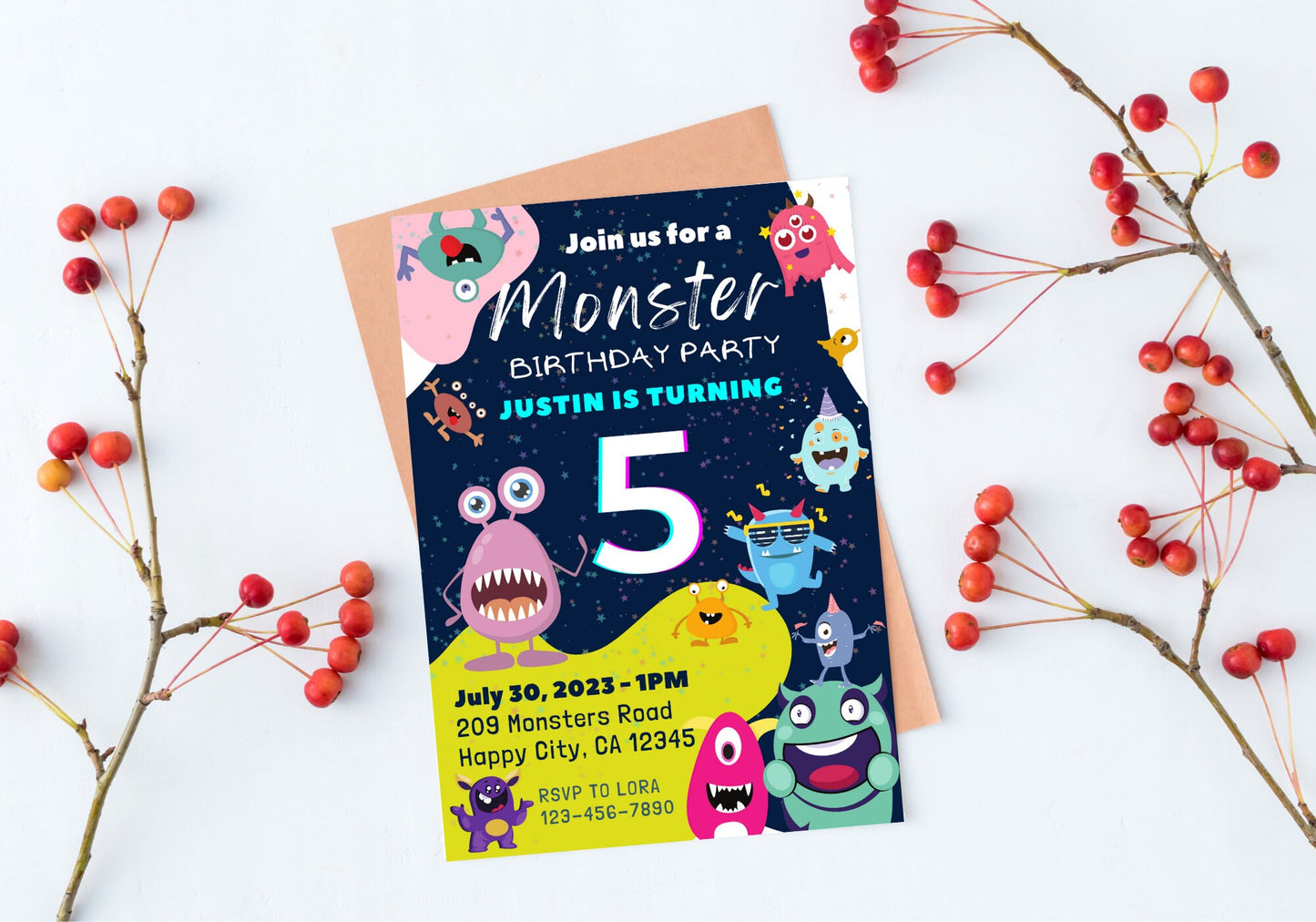 Cute Monsters Birthday Invite - Kids Birthday Invitation, Turning 5, Children's invites - Monster Bash Party Invite