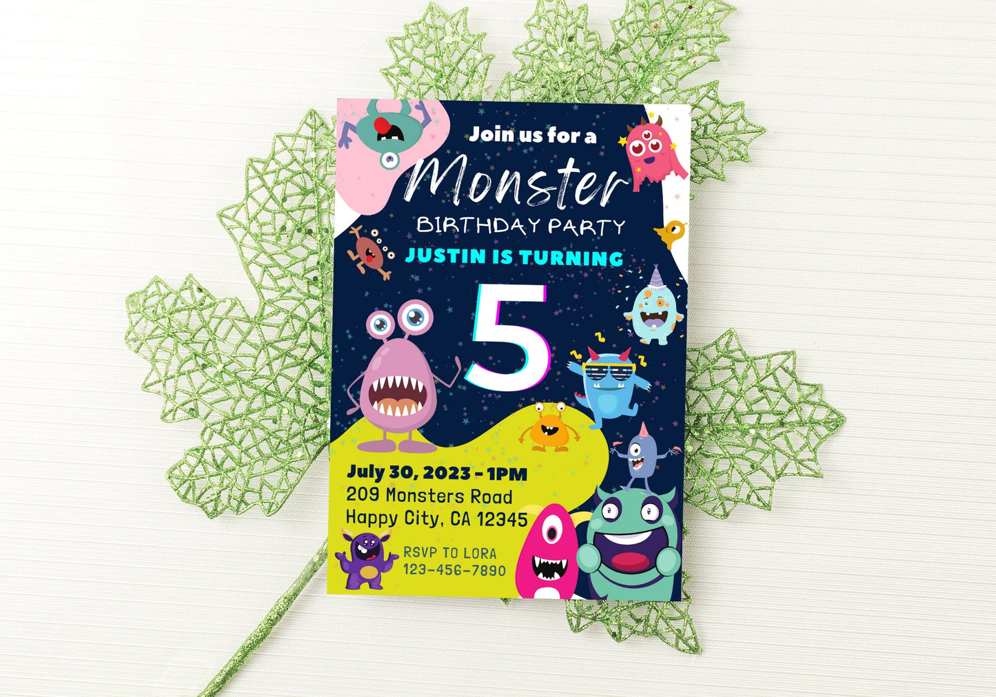 Cute Monsters Birthday Invite - Kids Birthday Invitation, Turning 5, Children's invites - Monster Bash Party Invite