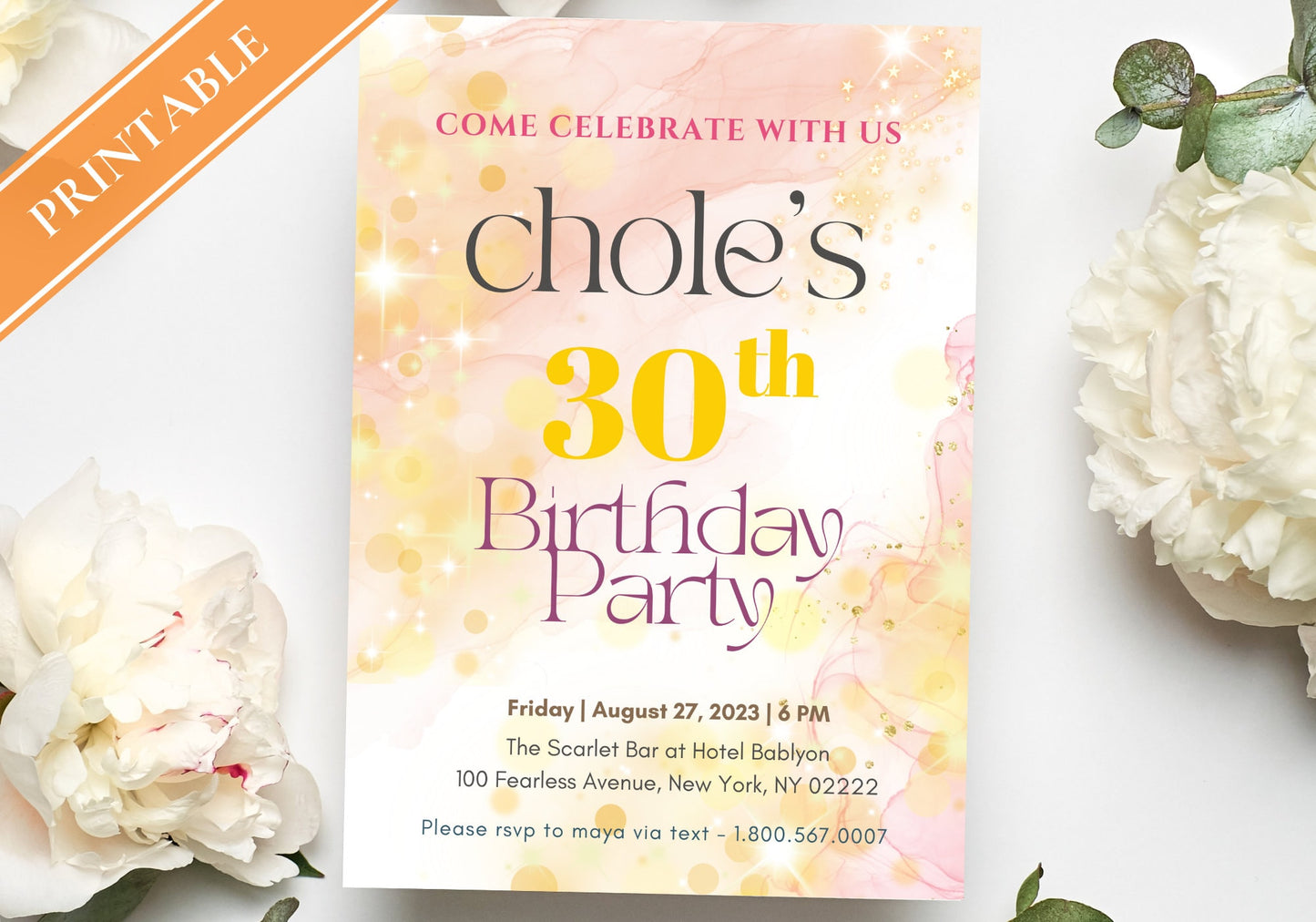 30th Party Invite Starry Alcohol Ink Birthday - 30th 40th 50th Birthday Dreamy Pink Peach Stars Glitter Gold Confetti