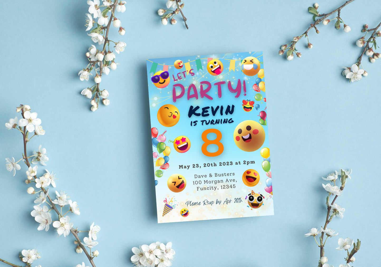 Cute Happy Emojis Birthday Invite - Kids Birthday Invitation, Turning 8, Children's invites - Let's Party Smiley Faces Emojis Party Invite