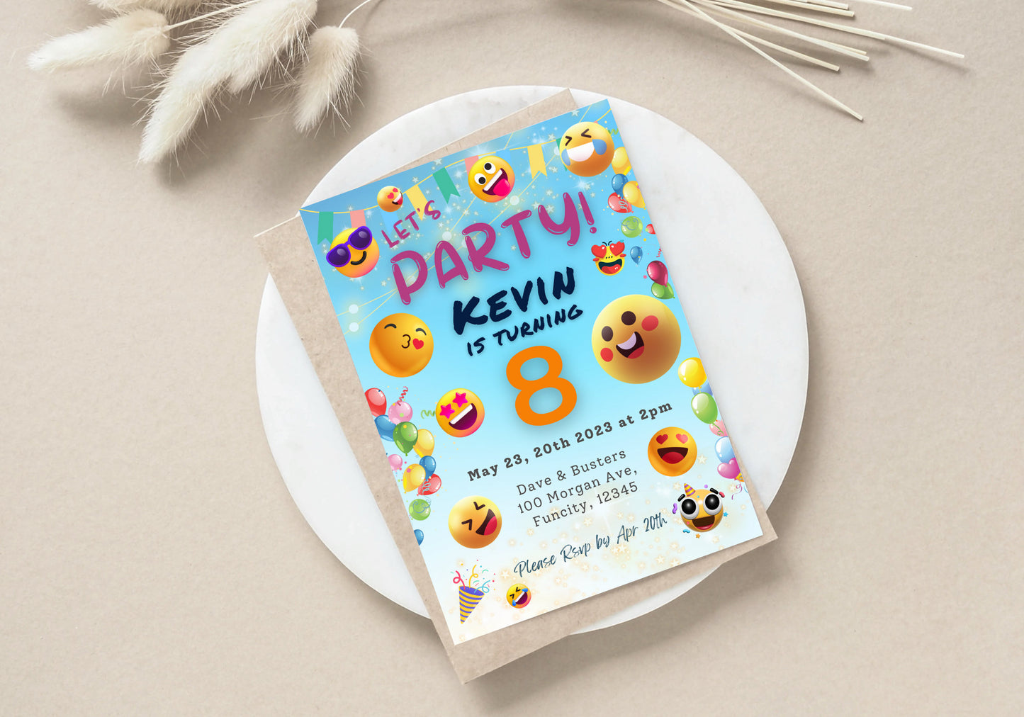 Cute Happy Emojis Birthday Invite - Kids Birthday Invitation, Turning 8, Children's invites - Let's Party Smiley Faces Emojis Party Invite
