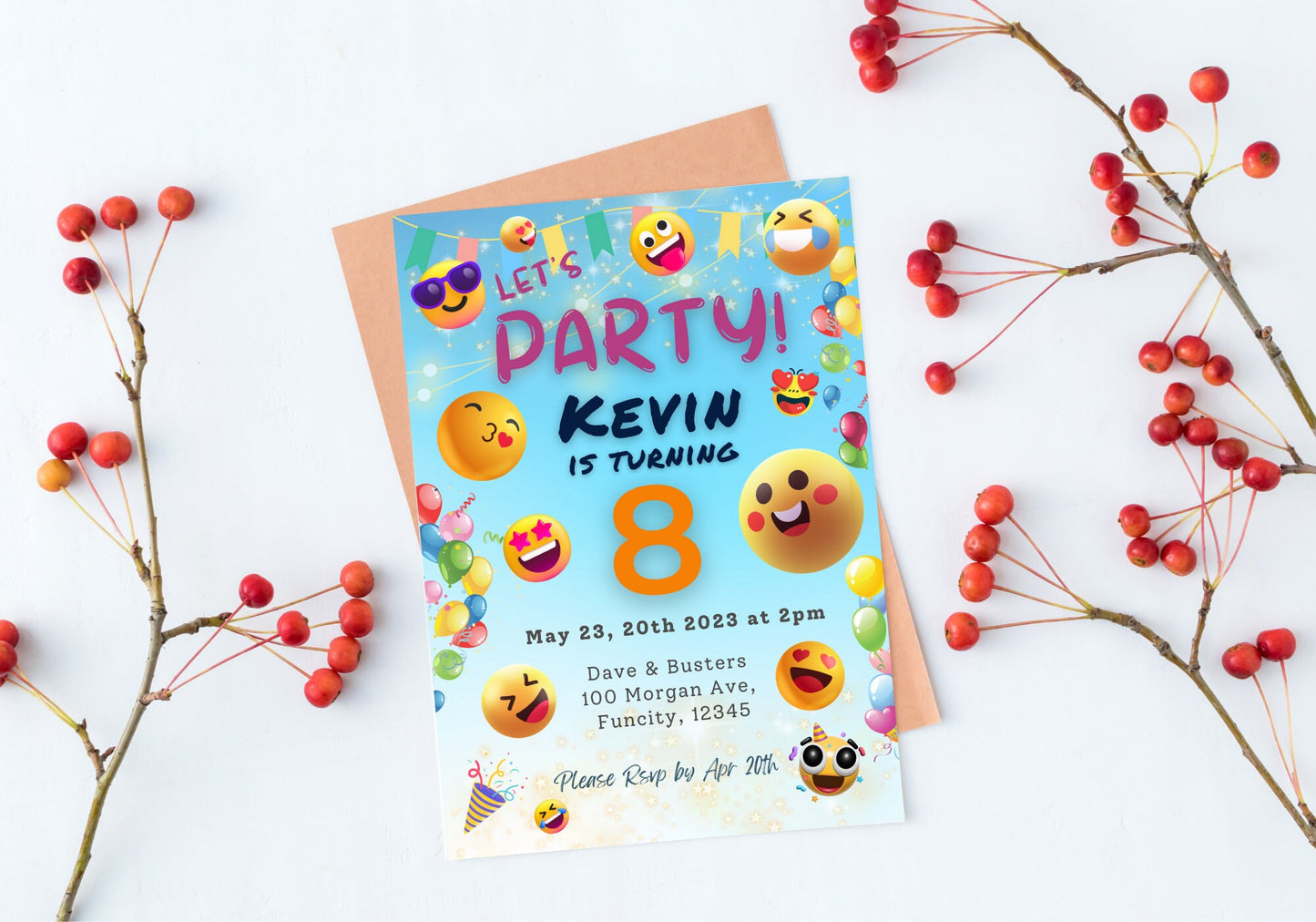 Cute Happy Emojis Birthday Invite - Kids Birthday Invitation, Turning 8, Children's invites - Let's Party Smiley Faces Emojis Party Invite
