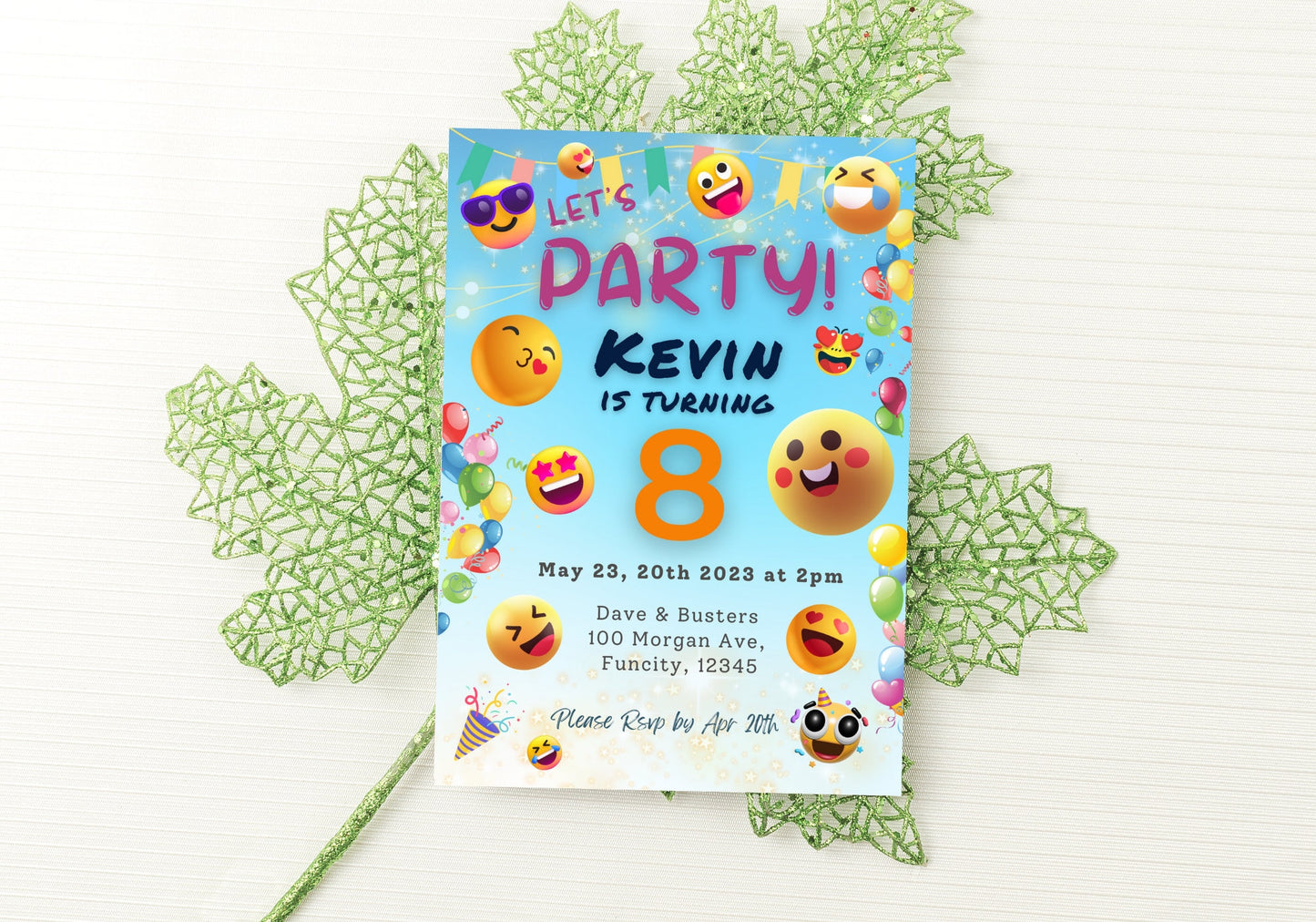 Cute Happy Emojis Birthday Invite - Kids Birthday Invitation, Turning 8, Children's invites - Let's Party Smiley Faces Emojis Party Invite