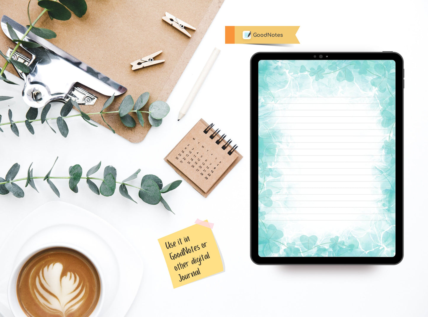 Shamrock Clover Printable Stationery Paper - Blue Green Alcohol Ink, Journal Paper, Letter, Note, Lined Paper, GoodNotes | Alcohol Ink Aqua