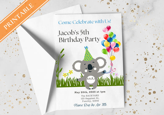 Kids Birthday Party Invitation Template -Koala Bear Birthday Toddler, Digital Invite, Balloons | Happy Koala