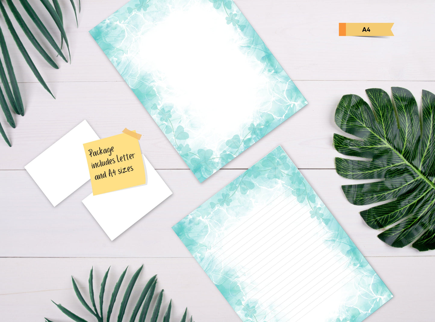 Shamrock Clover Printable Stationery Paper - Blue Green Alcohol Ink, Journal Paper, Letter, Note, Lined Paper, GoodNotes | Alcohol Ink Aqua