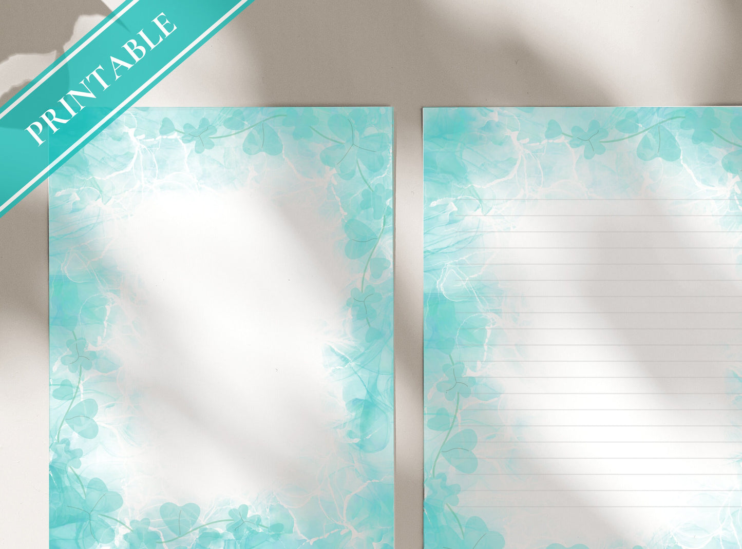 Shamrock Clover Printable Stationery Paper - Blue Green Alcohol Ink, Journal Paper, Letter, Note, Lined Paper, GoodNotes | Alcohol Ink Aqua