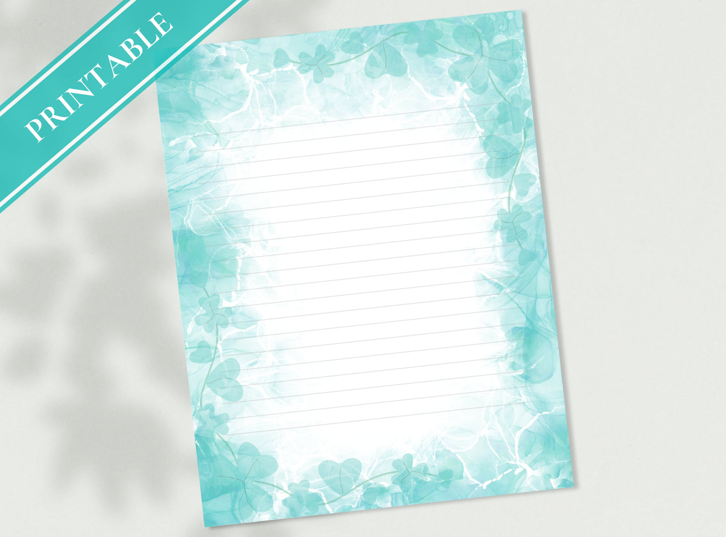 Shamrock Clover Printable Stationery Paper - Blue Green Alcohol Ink, Journal Paper, Letter, Note, Lined Paper, GoodNotes | Alcohol Ink Aqua