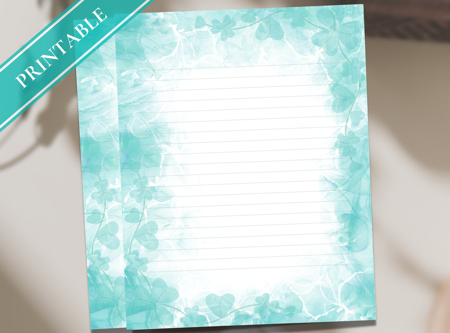 Shamrock Clover Printable Stationery Paper - Blue Green Alcohol Ink, Journal Paper, Letter, Note, Lined Paper, GoodNotes | Alcohol Ink Aqua