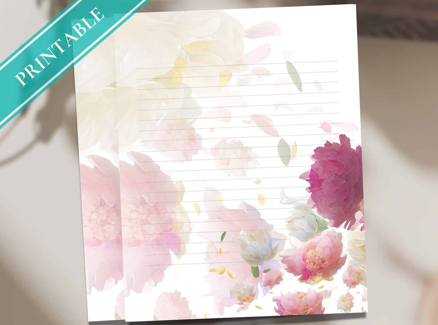 Peonies Flowers Printable Stationery Paper - Pretty Florals, Journal Paper, Letter, Note, Lined Paper, Digital Letter, GoodNotes | Peony
