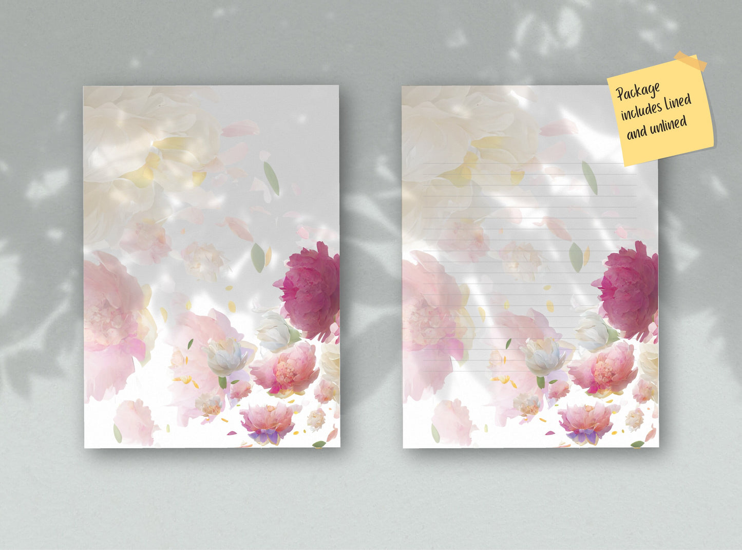Peonies Flowers Printable Stationery Paper - Pretty Florals, Journal Paper, Letter, Note, Lined Paper, Digital Letter, GoodNotes | Peony