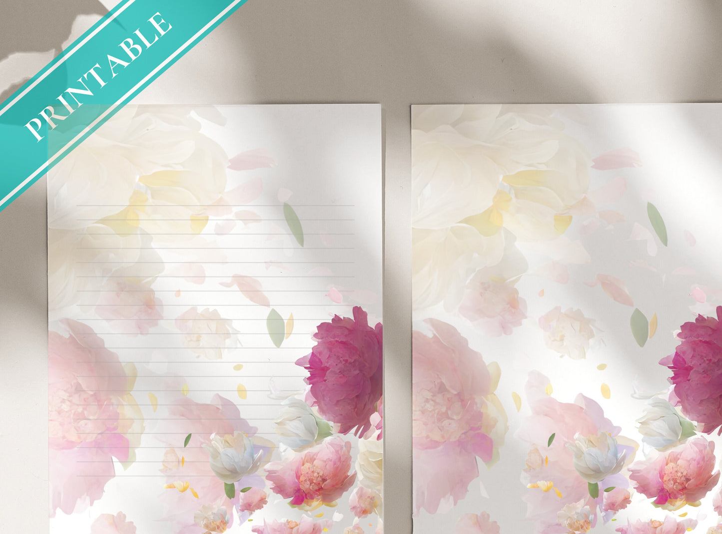 Peonies Flowers Printable Stationery Paper - Pretty Florals, Journal Paper, Letter, Note, Lined Paper, Digital Letter, GoodNotes | Peony