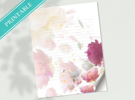 Peonies Flowers Printable Stationery Paper - Pretty Florals, Journal Paper, Letter, Note, Lined Paper, Digital Letter,  GoodNotes | Peony
