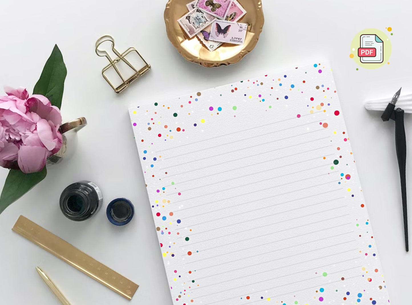 Polka Dots Letter Writing Paper - Printable Stationery Colorful dots, Party fun Journal Paper, Thank You Note, Digital, Goodnotes