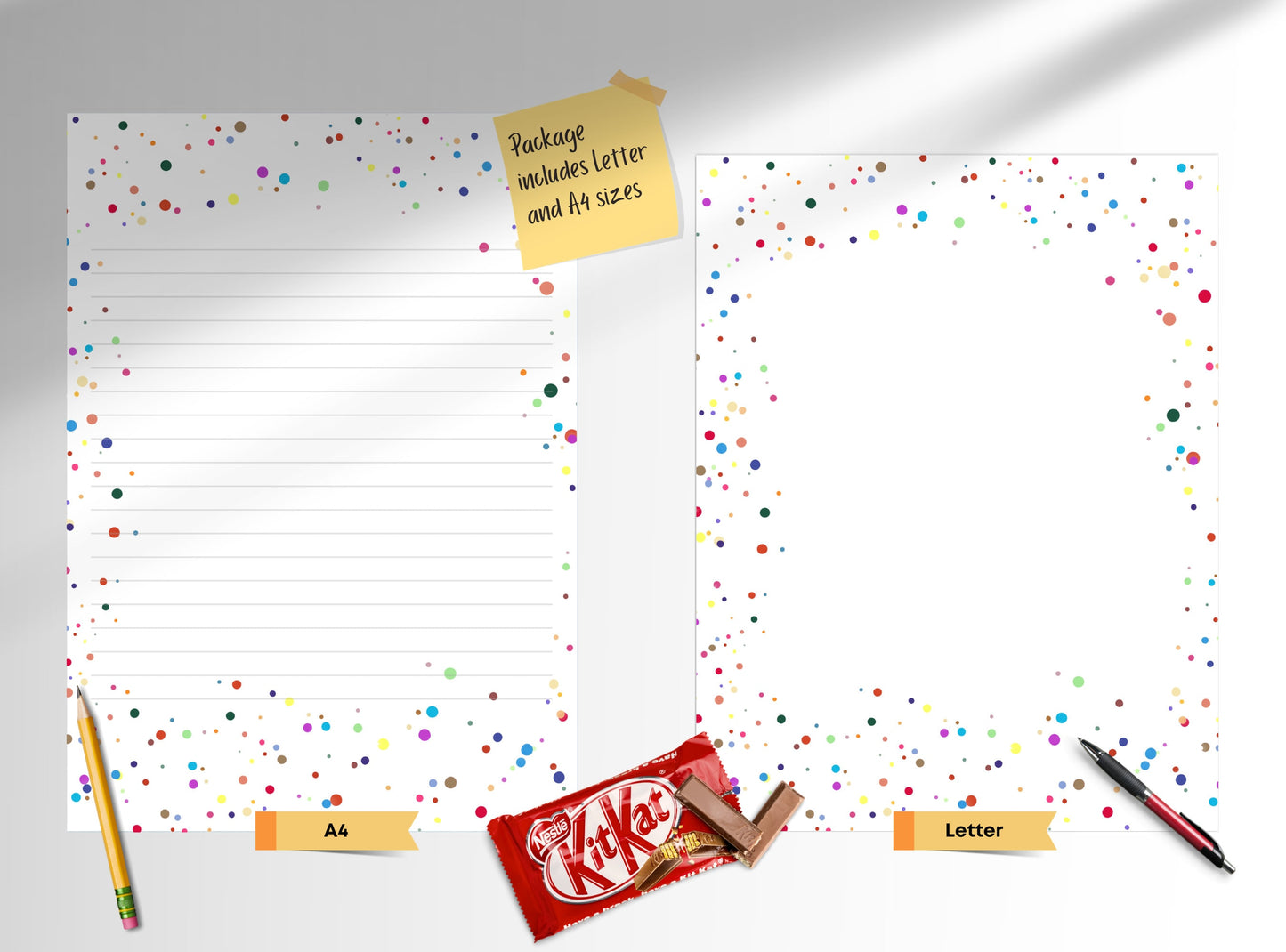 Polka Dots Letter Writing Paper - Printable Stationery Colorful dots, Party fun Journal Paper, Thank You Note, Digital, Goodnotes