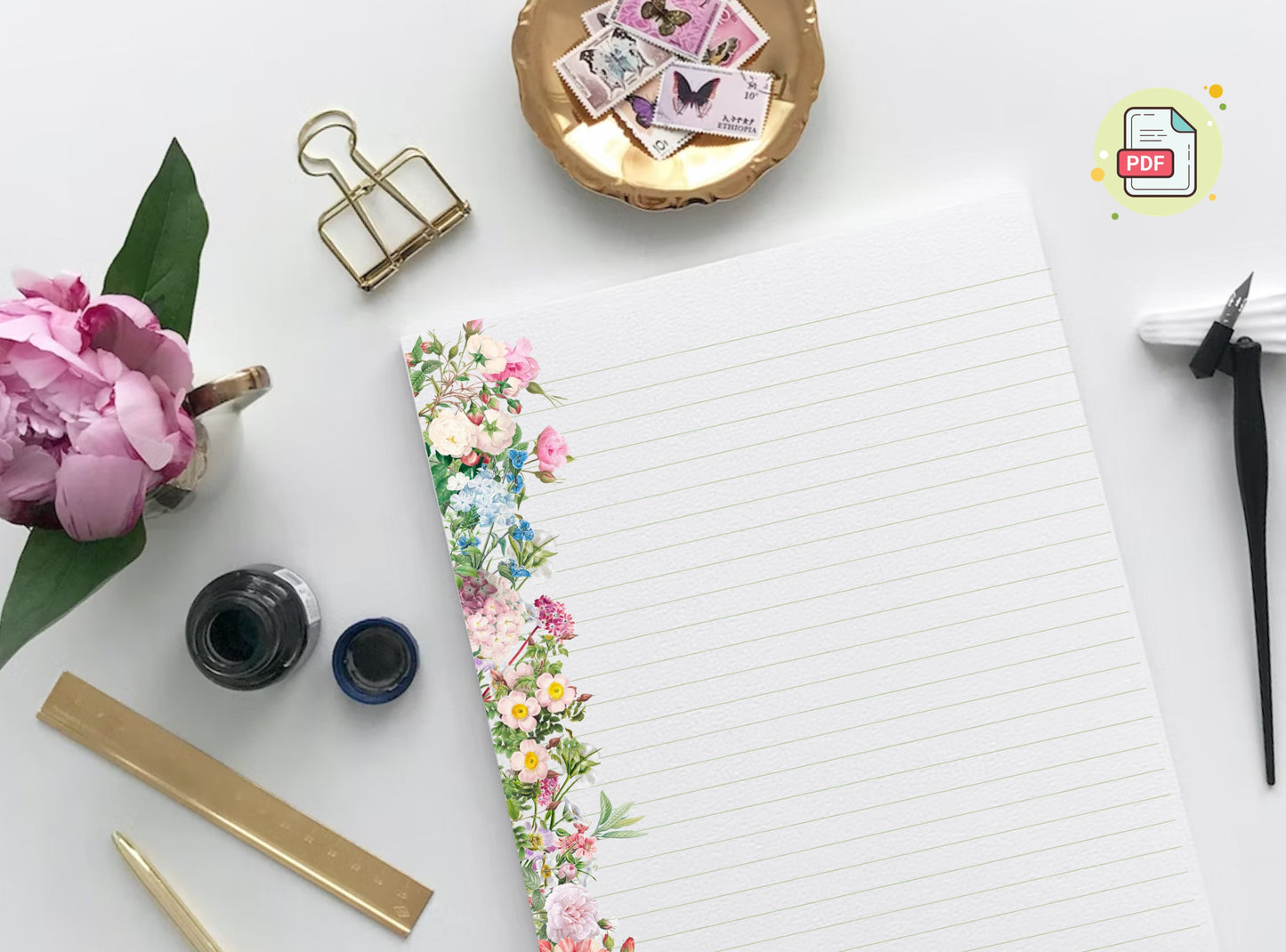 Vintage Flowers Letter Writing Paper - Printable Stationery - Love Letter, Journal Paper, Note, Lined Paper, Goodnotes, Thank You | Florals